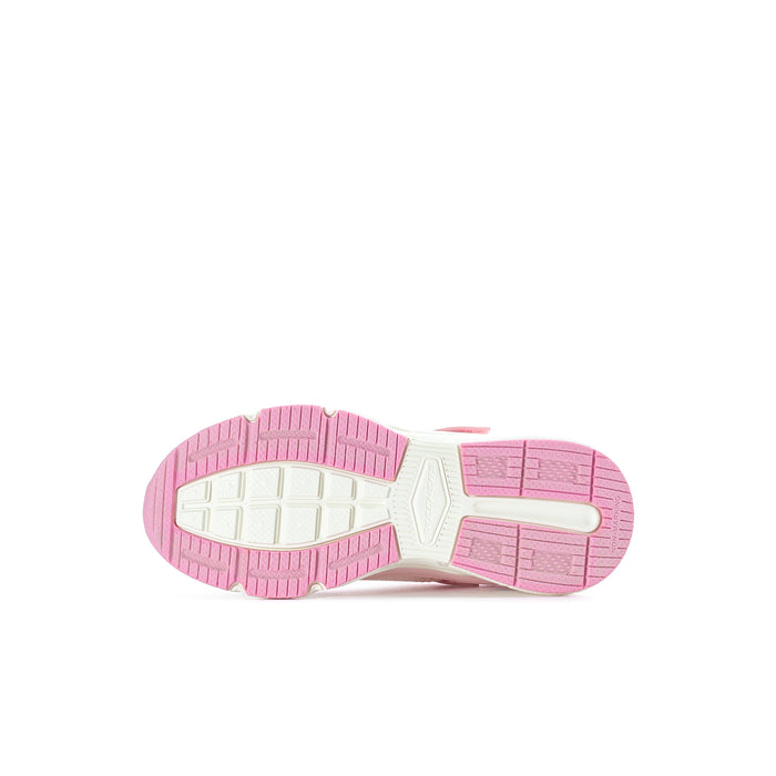 Kids retro sneaker outsole bottom view, pink tread and white midsole