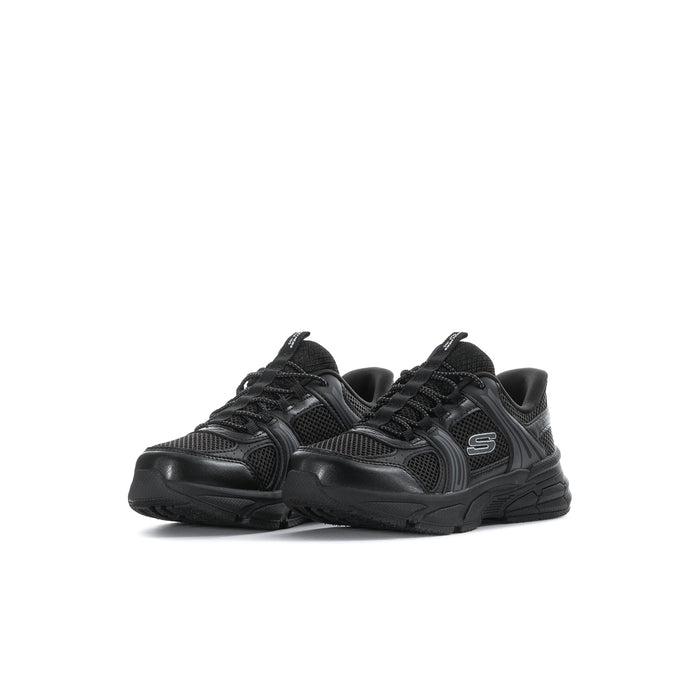 Kids black lace-up sneaker, side view with S logo and textured, chunky sole