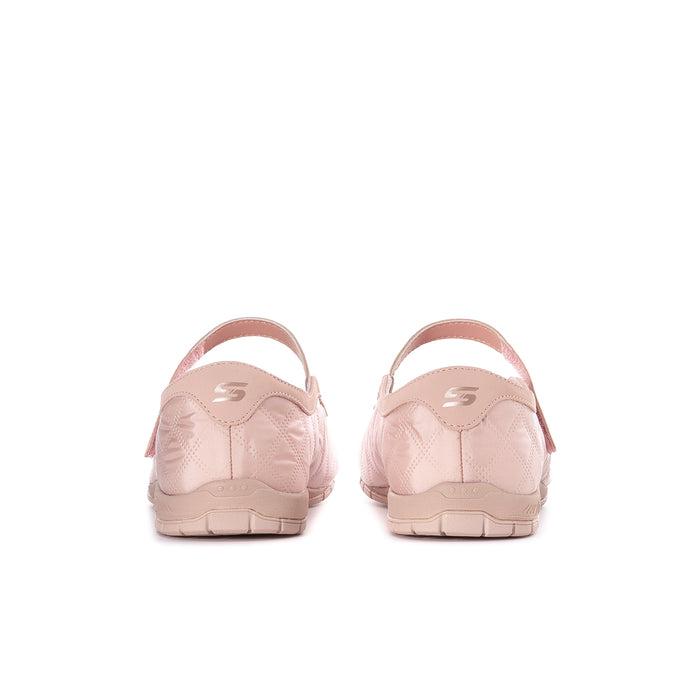Women’s blush Mary Jane flats, rear view with cushioned heel and strap
