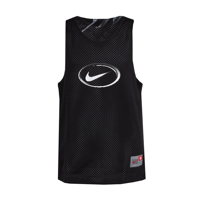 Youth reversible jersey, black sleeveless mesh with Nike oval swoosh logo.