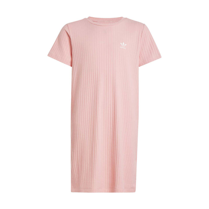 Youth ribbed knit dress, semi pink, short sleeves, crew neck front view