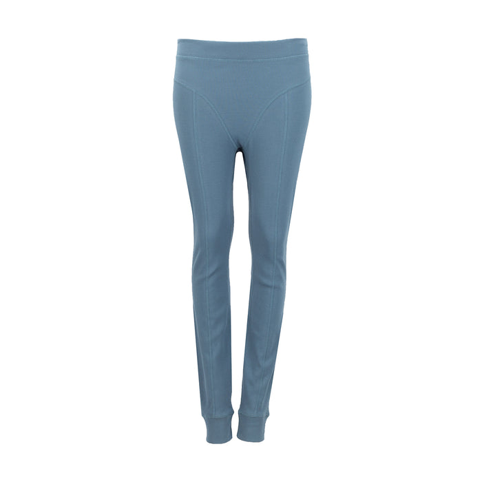 Women's stone blue ribbed leggings, full length fitted with ankle cuffs