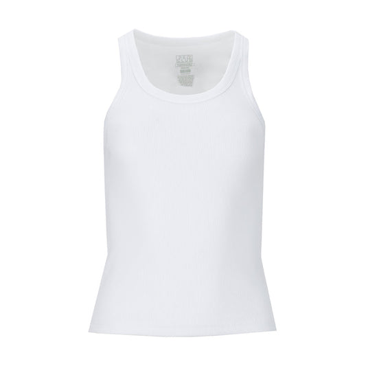 Women's white ribbed tank top, scoop neckline, sleeveless