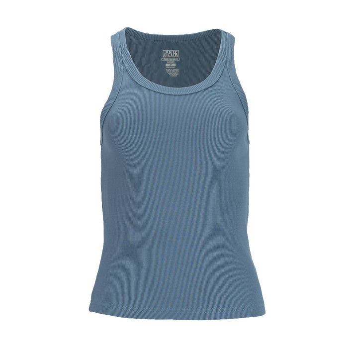 Women’s ribbed tank top, blue, crew neck, sleeveless, front view
