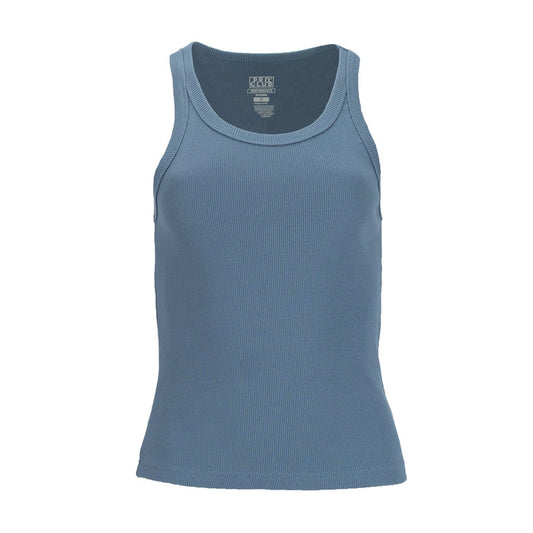 Women’s ribbed tank top, blue, crew neck, sleeveless, front view