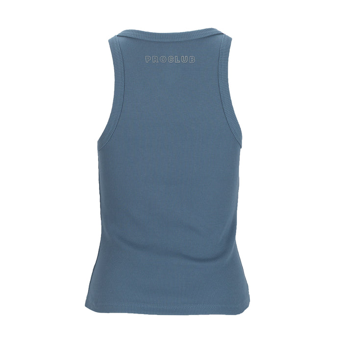 Women’s ribbed tank top, blue, back view, PRO CLUB logo at center
