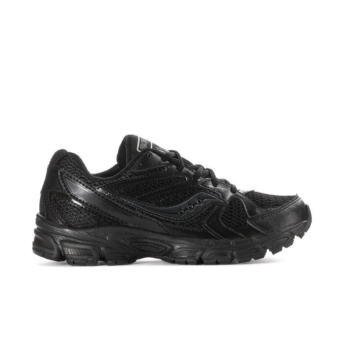 Black women's running shoes, lace-up with textured panels and chunky rubber sole