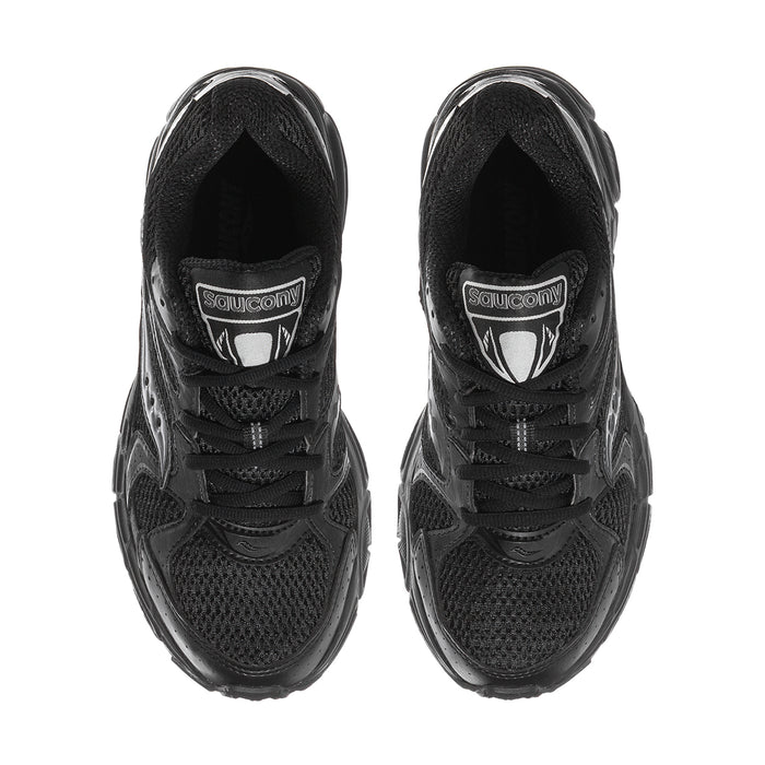 Black women's running shoes, front view pair with mesh upper and Salomon logo