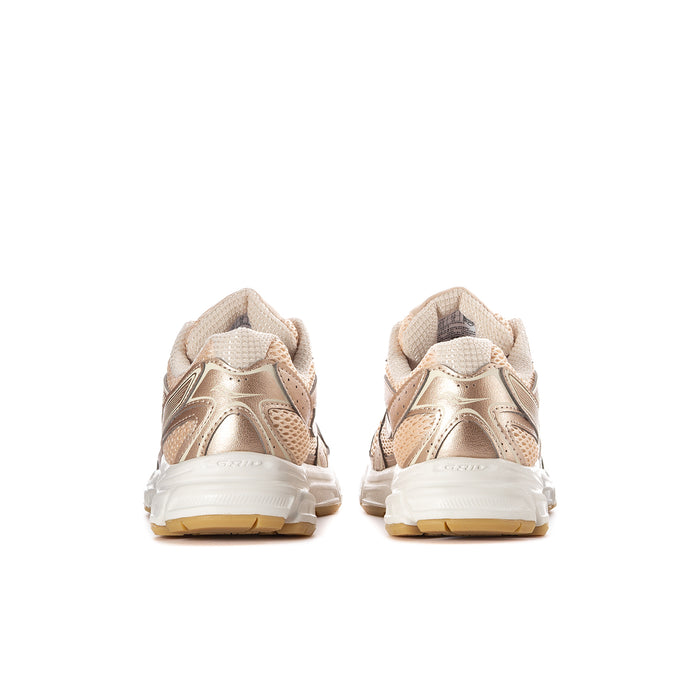 Women’s pearl beige sneakers, heel-to-toe side view with padded collar and white midsole