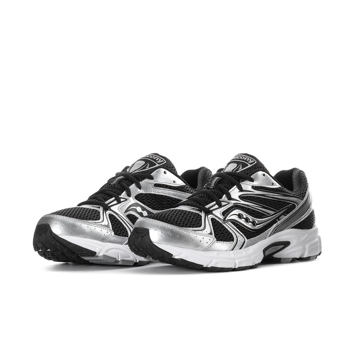 Men's black and silver running sneakers, side view with glossy overlays and lace-up front