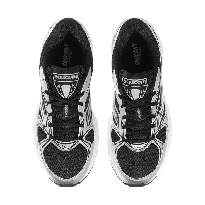Men's black and silver running sneakers with Saucony logos on the tongue and lace front