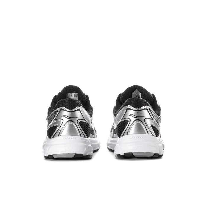 Men's black and silver running sneakers, heel view with padded collar and stacked sole