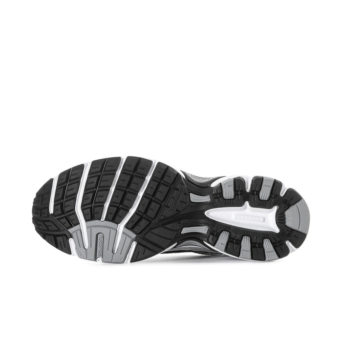 Men's black and silver running sneakers outsole tread, flat bottom view