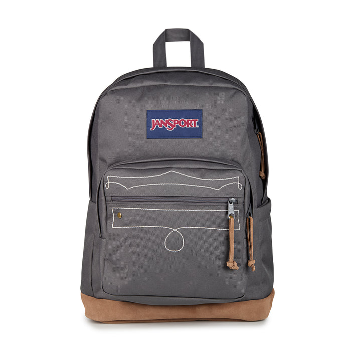 Gray JanSport backpack front view with blue logo patch, front zip pocket, and stitched trim.