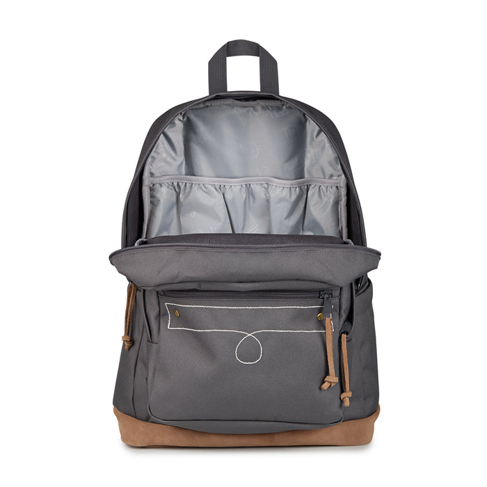 Gray JanSport backpack with open interior and front zip pocket, tan bottom panel.