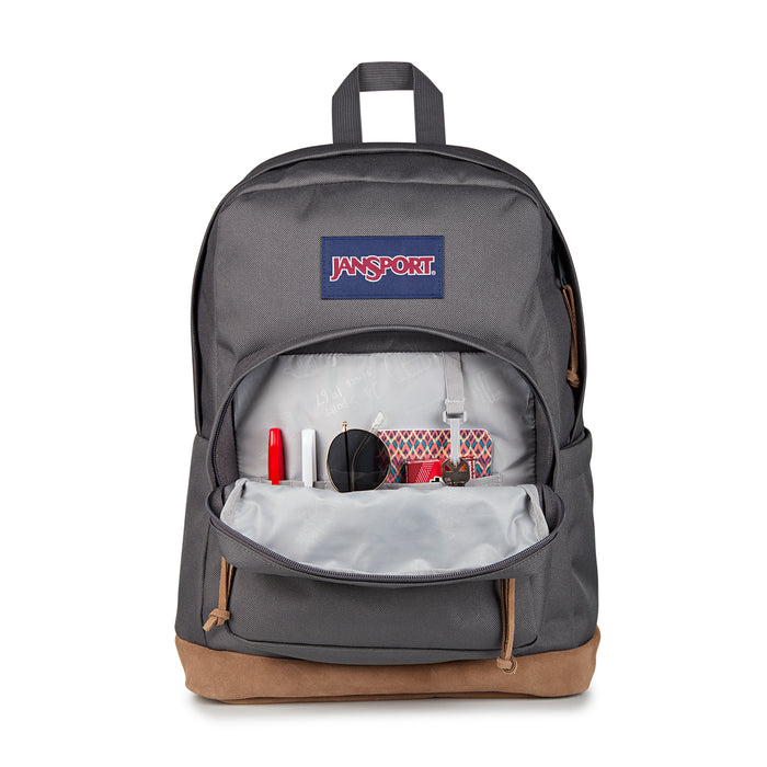 Gray JanSport backpack with open top showing organizer pouch and small items inside.