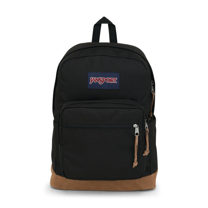 Black JanSport backpack front view with logo patch, front zip pocket, and tan base