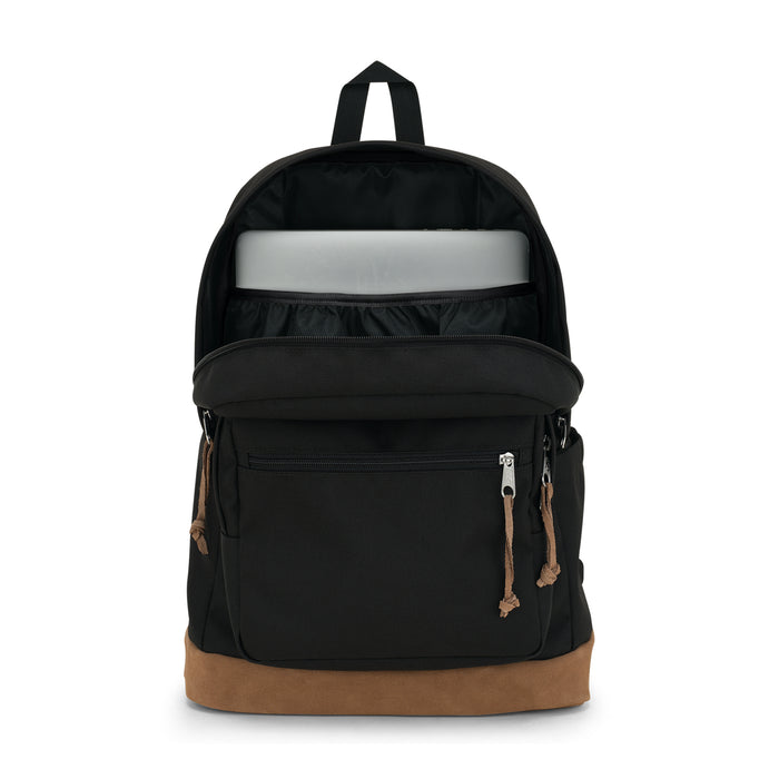 Black JanSport backpack back view with adjustable straps, top handle, and tan bottom