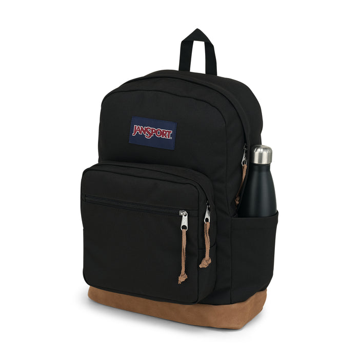 Black JanSport backpack with front compartments, zipper pulls, logo patch, tan base