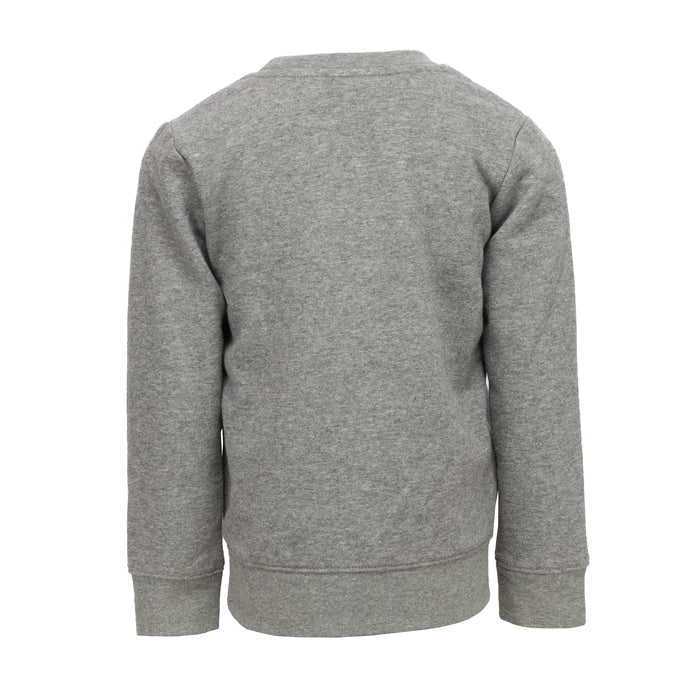 Toddler heather gray crewneck sweatshirt, back view