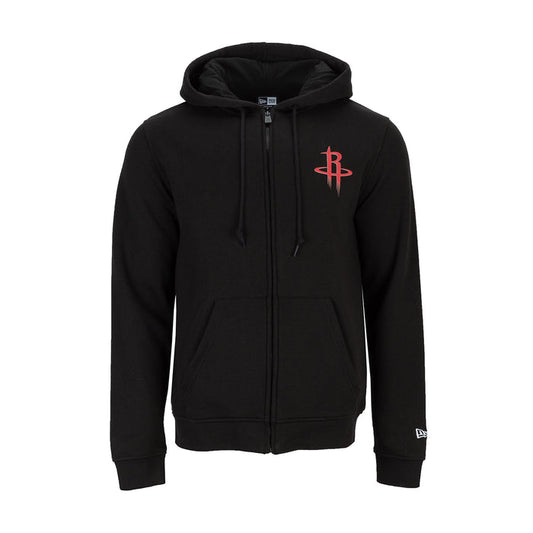 Men's black zip-up hoodie with hood, drawstrings, and red logo on chest