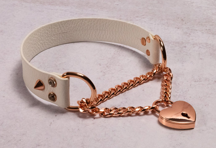 Rose Gold & White Leather Heart Locking Martingale Collar _ LIMITED _