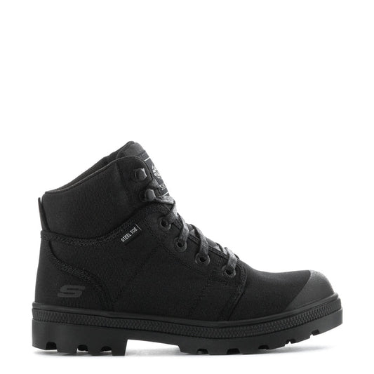 Women's black high-top work boot with lace-up front and rugged lug outsole