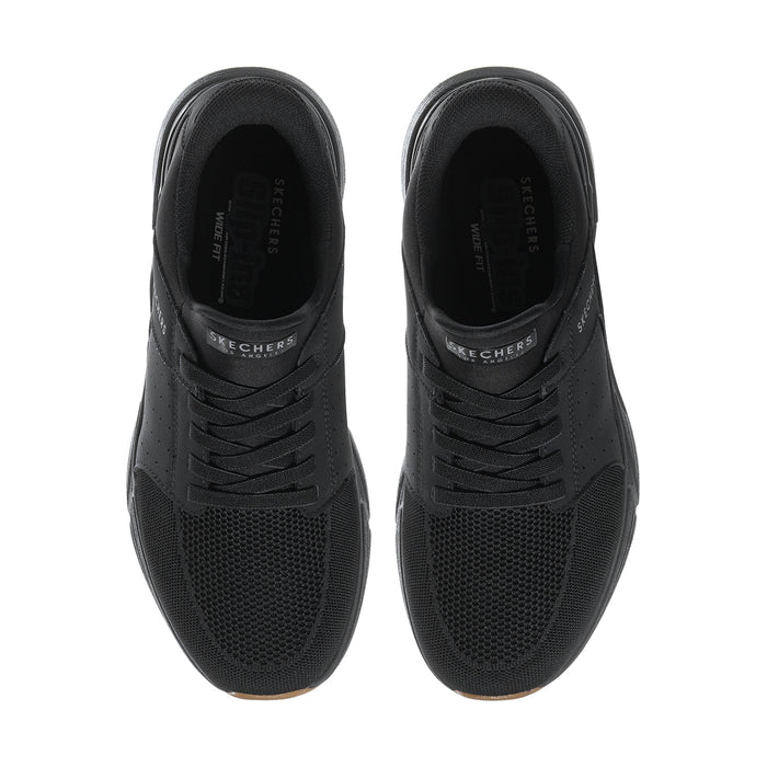 Men's black wide-fit sneaker with lace-up design and mesh toe texture, SKECHERS