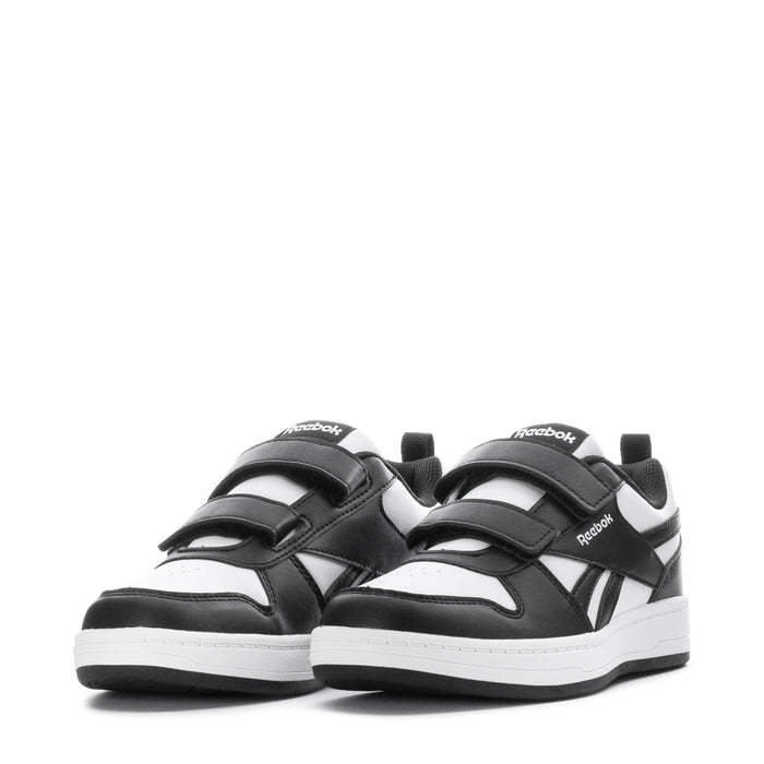 Kids Reebok sneakers pair, black and white, two straps and white rubber sole