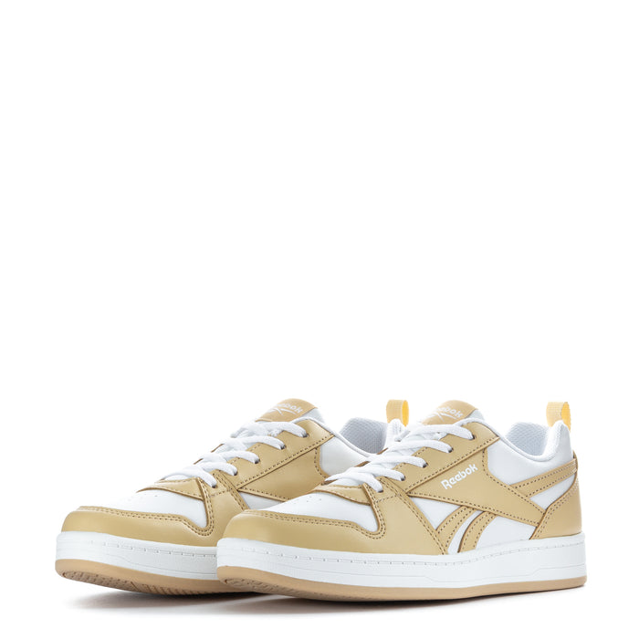 Kids low-top sneakers, pair view, white and beige leather-style uppers with laces