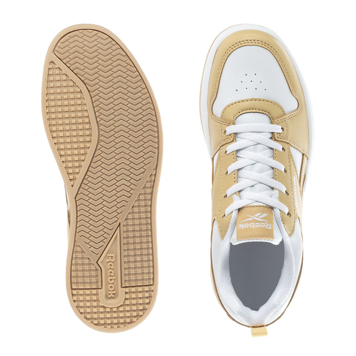 Kids sneaker outsoles and inside view, beige tread sole and white-and-beige upper
