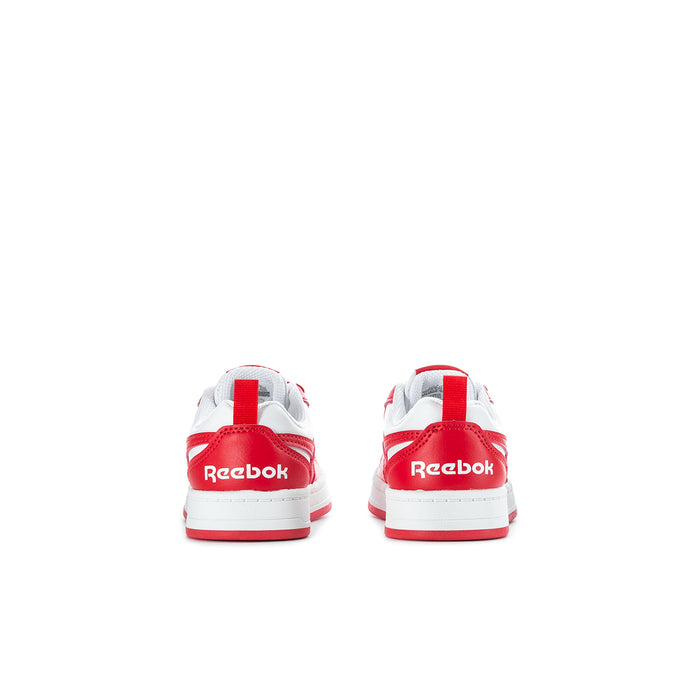 Kids red-and-white sneakers heel view with Reebok logo and flat rubber sole