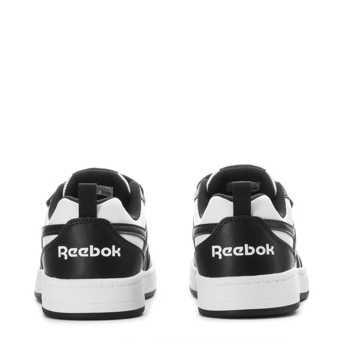Kids Reebok sneakers heel view, black back panels with white rubber sole