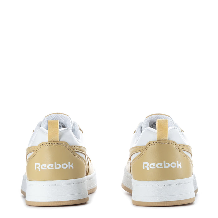Kids sneakers heel view, white uppers with beige heel tab and Reebok lettering