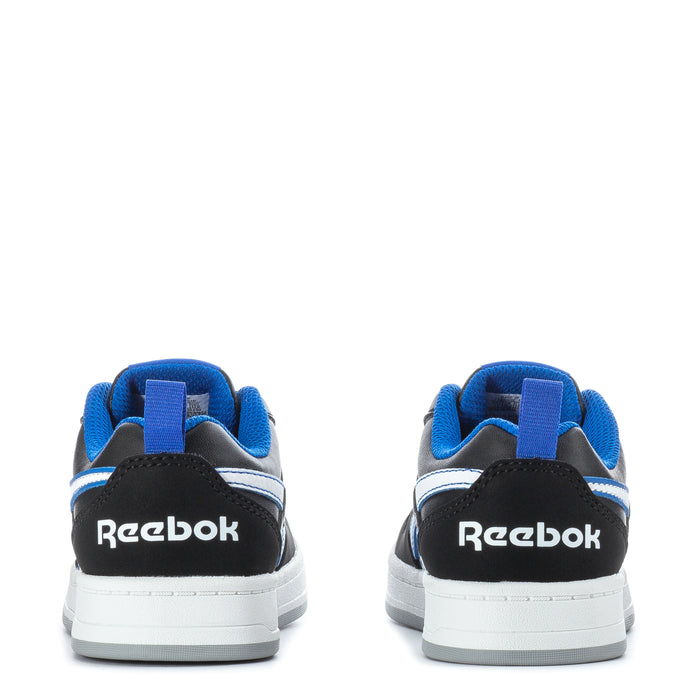 Kids Reebok sneakers, black heel with Reebok logo and blue collar, white sole