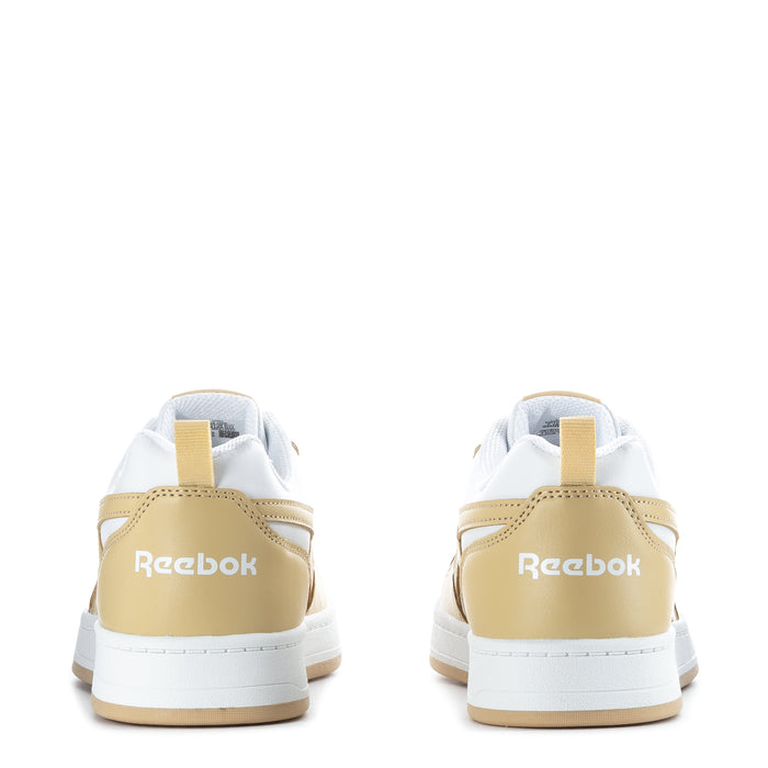Youth sneakers heel view in white and beige, back pull tab and Reebok logo