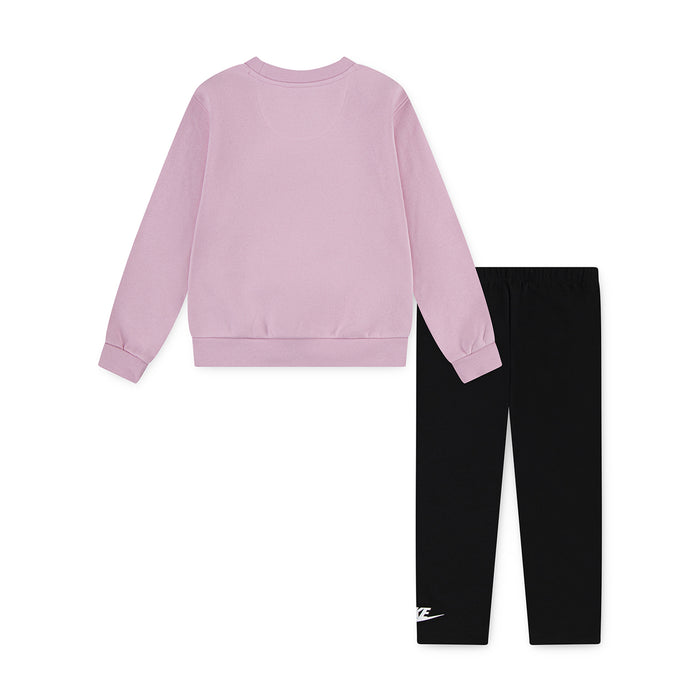 Lilac crewneck sweatshirt with black leggings and white Nike logos