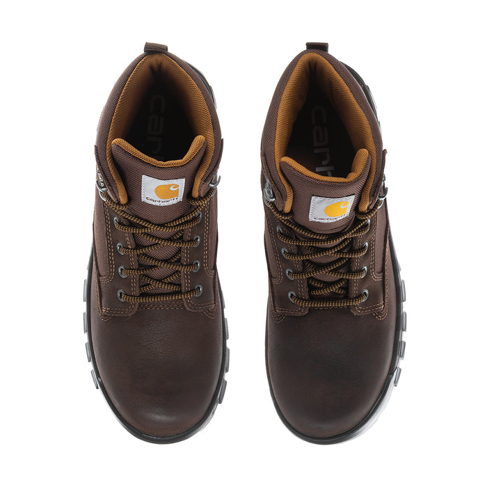 Brown men's waterproof work boots, front view, lace-up with padded collar