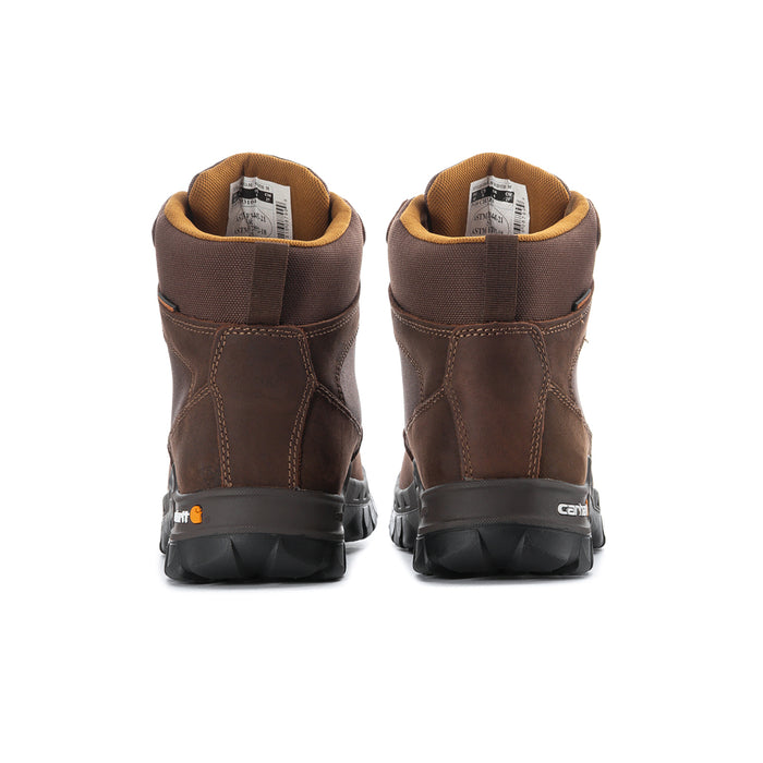 Brown men's waterproof work boots, padded collar, rear view, Carhartt logo