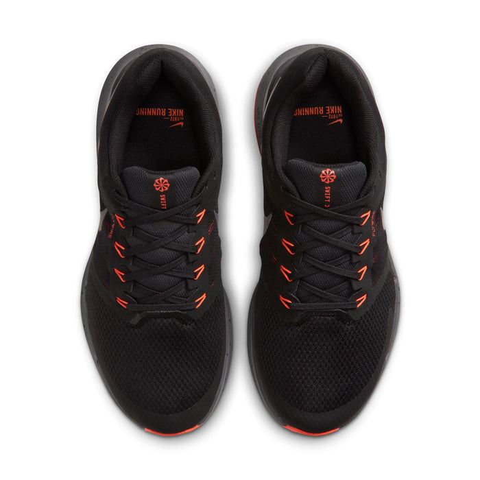 Men's black running shoes, top view of both uppers with orange-red details
