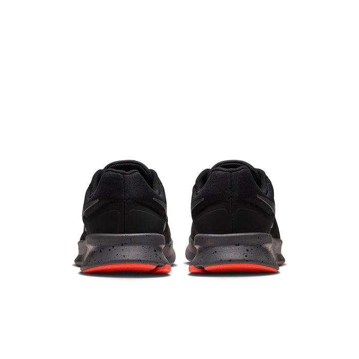 Men's black running shoes, heel view with orange-red midsole trim