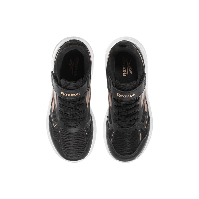 Kids black running shoes with laces and Reebok logo on the tongue