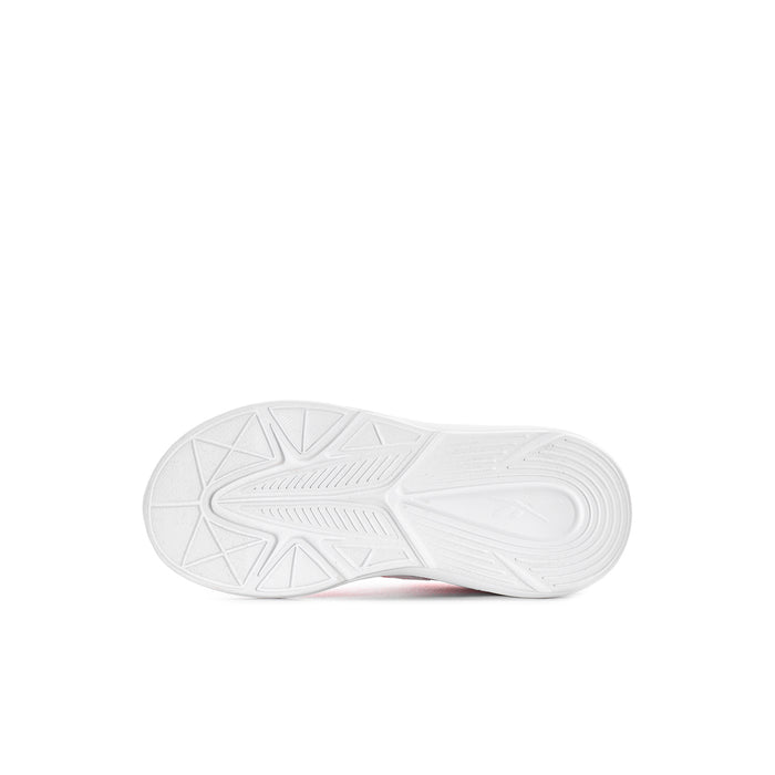 Kids sneaker outsole view with textured tread and white rubber bottom