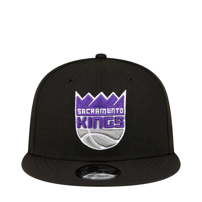 Black snapback baseball cap with Sacramento Kings front graphic and curved brim