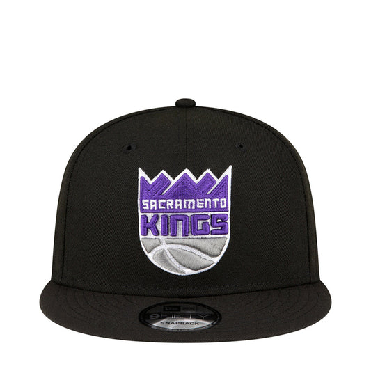 Black snapback baseball cap with Sacramento Kings front graphic and curved brim