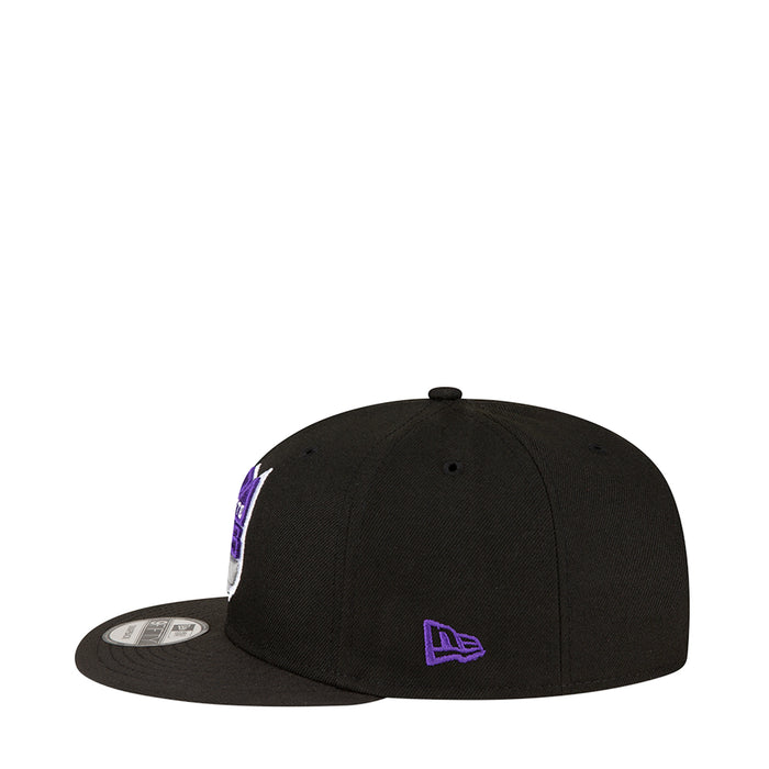 Black snapback baseball cap with purple New Era logo on the side panel