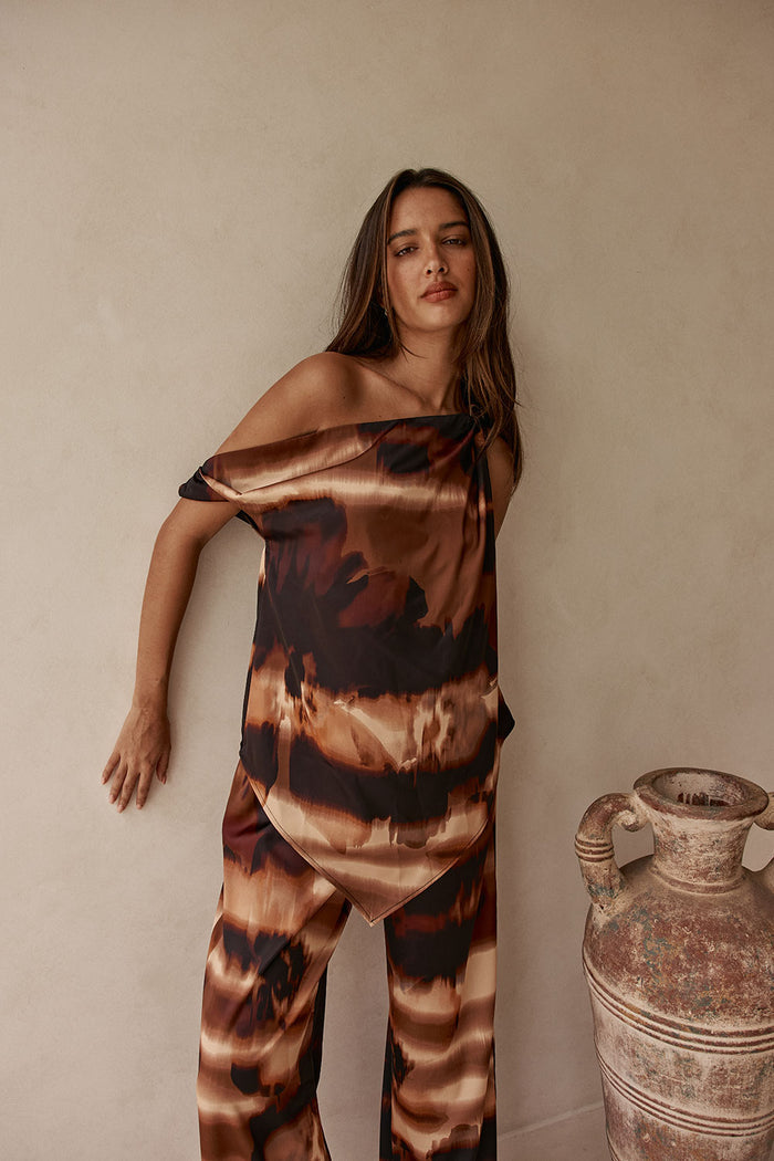 Brown Mirage Bloom Print Satin Saela Top