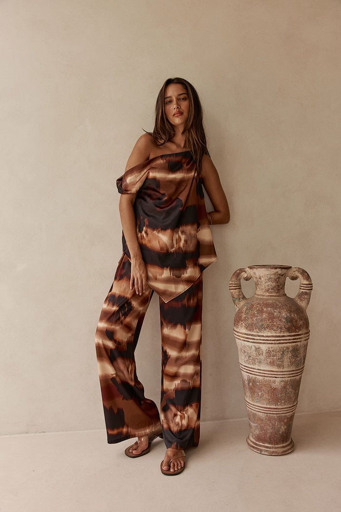 Brown Mirage Bloom Print Satin Saela Top