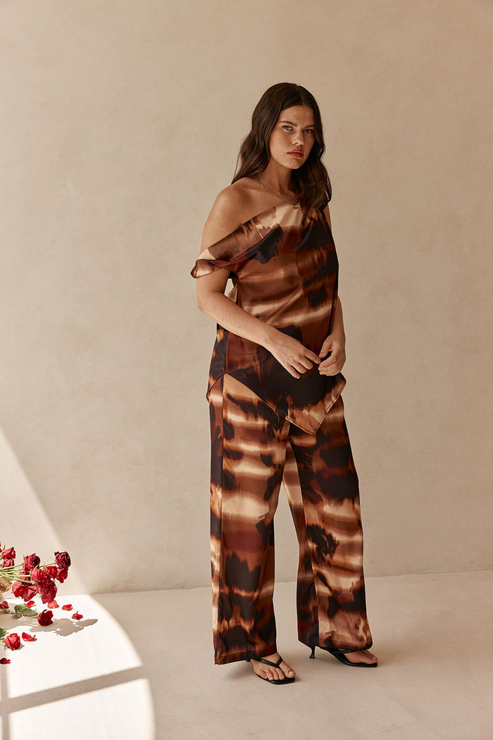 Brown Mirage Bloom Print Satin Saela Top