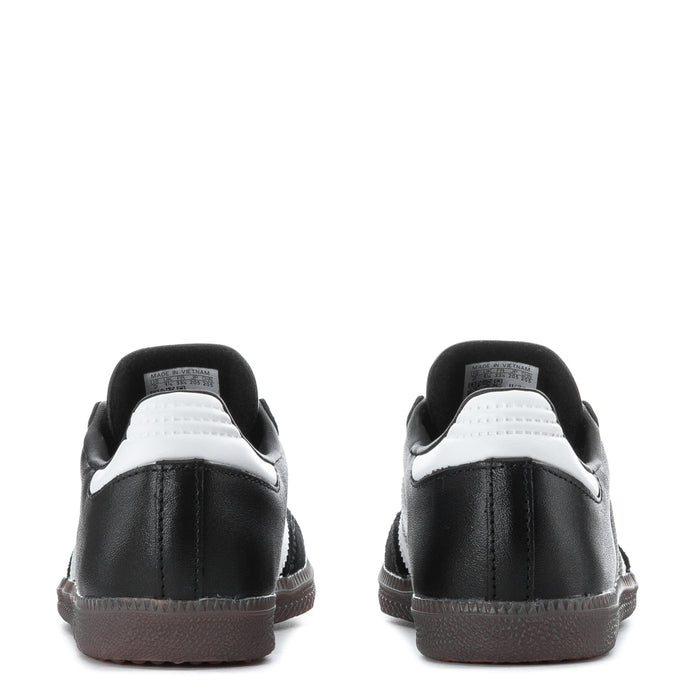 Kids' Samba Classic heel view, black leather with white collar lining and brown sole